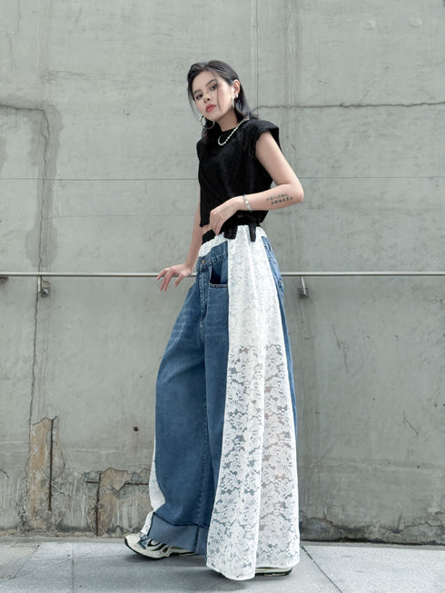 Lace Contrast Wide Denim Pants